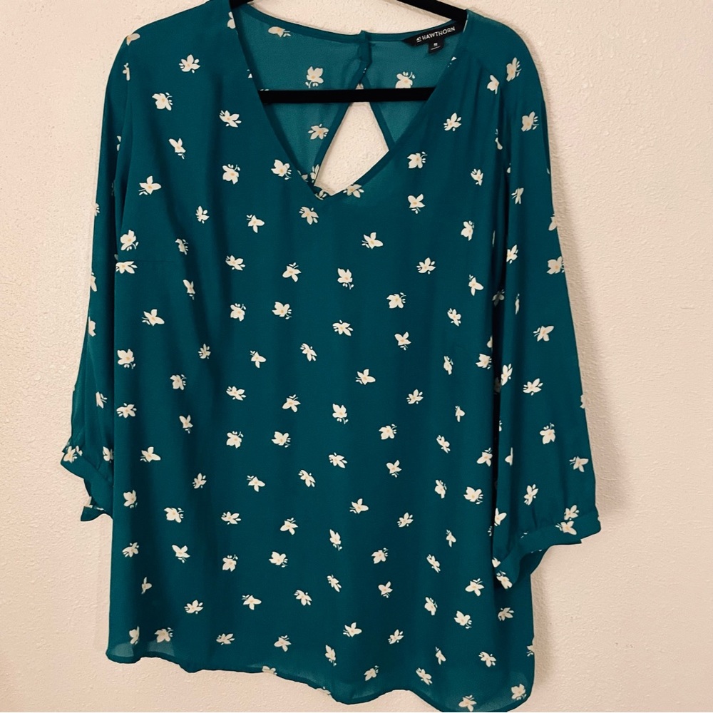 Stitch Fix 3X Hawthorne Teal Print Long Sleeve blouse with triangle back cutout